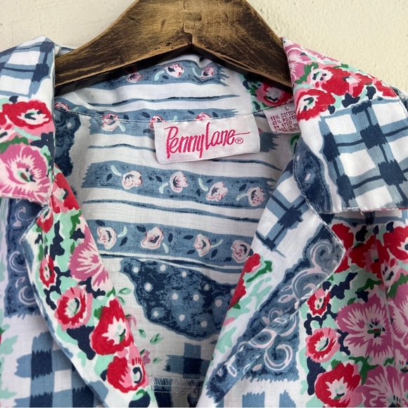 Vintage PennyLane Patchwork Look Button Front Short Sleeve Top Large Flawed - Picture 4 of 13